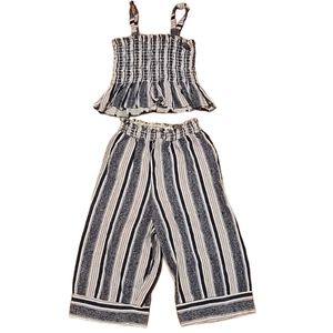 Bonnie Jean Blue and White Striped Crop Top Capri Set